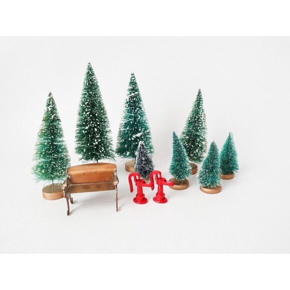 Other - 8 Vintage Bottle Brush Christmas Trees With Wood Base Miniature Copper Bench 2 M